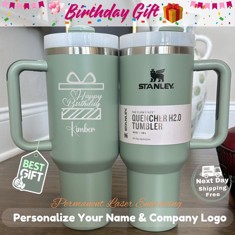 Premium personalized 40oz Stanley tumblers with high-definition laser-engraved logos and names. A clean, minimalist display of bulk custom drinkware for business and bachelorette groups.