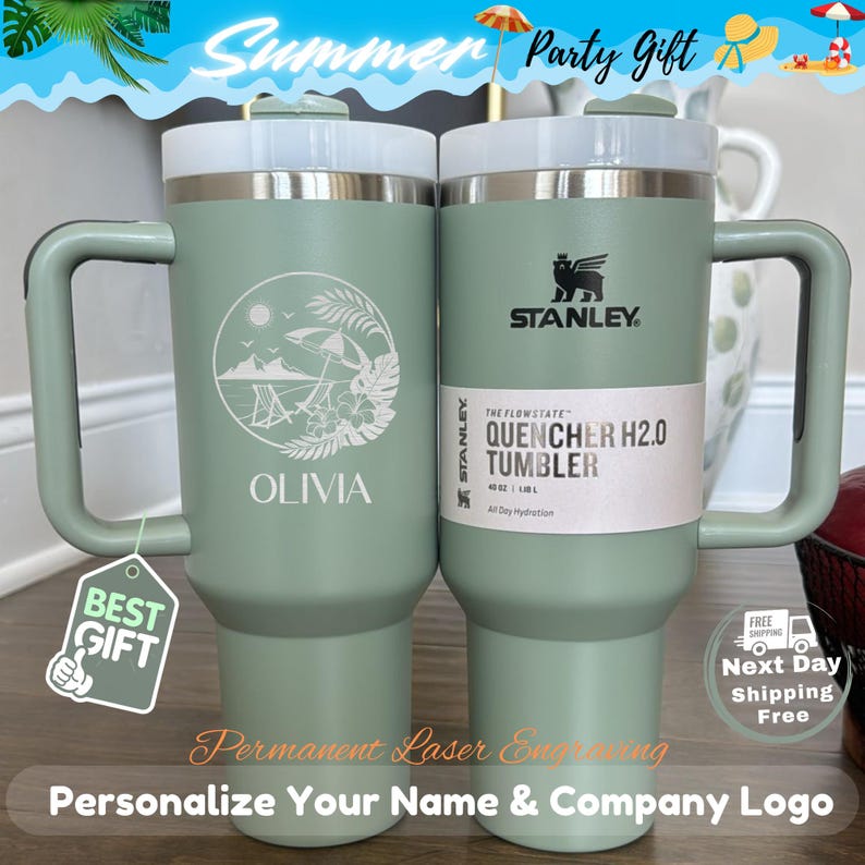 Personalized Stanley 40oz tumbler with laser engraved beach design and custom name, insulated travel mug with handle and straw lid, perfect summer drinkware gift