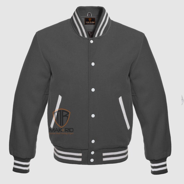 Varsity Letterman Jacke für Männer Alle Wolljacke Baseball School College Jacke Team Club Jacke Bomber Jacke Dunkelgrau