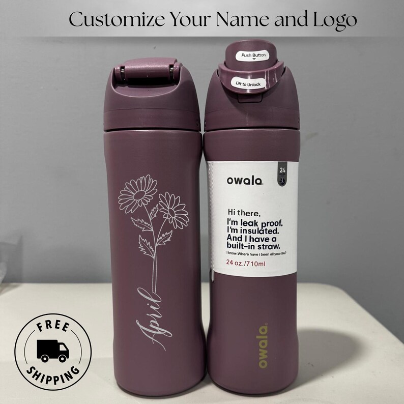 Custom engraved Owala 24oz FreeSip bottle with birth month flower and personalized name, perfect birthday gift for best friend