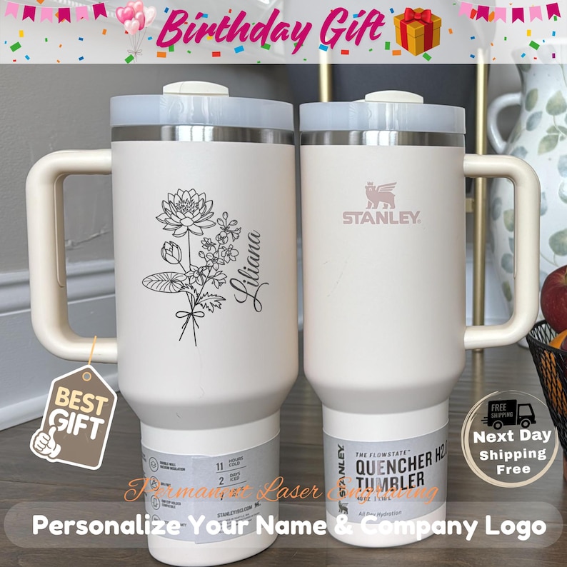 Birth Flower Personalized Name 40oz Tumbler Personalized Bridesmaid Gift, Custom Birthday Gift Personalized Gift For Her, Graduation Gift