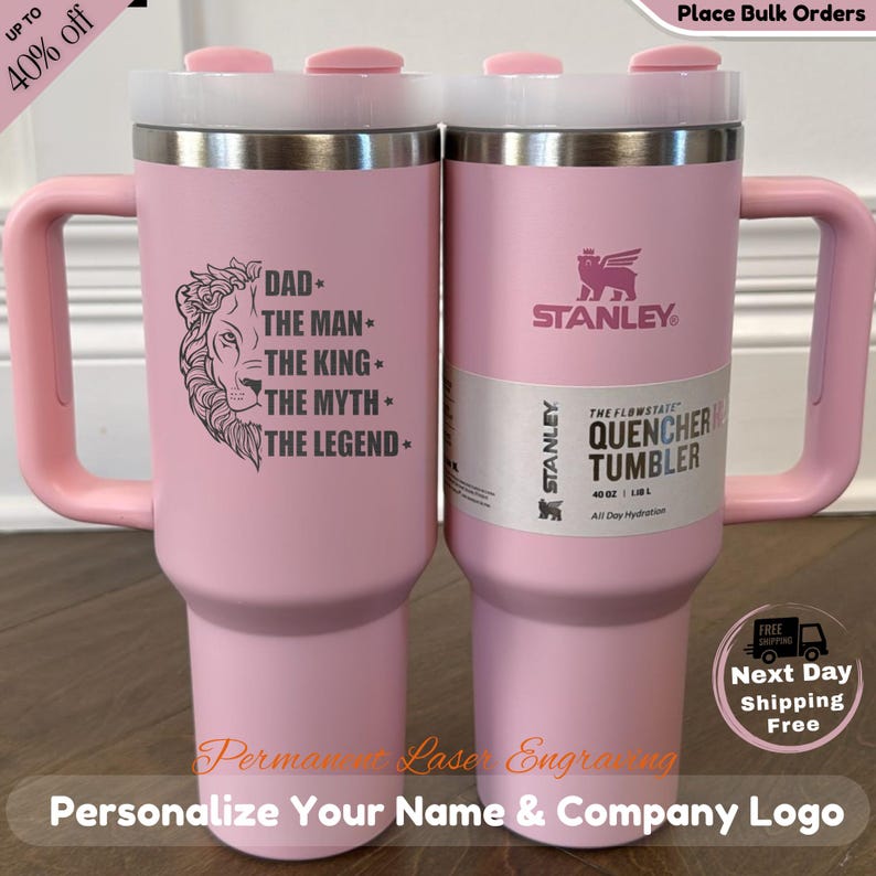 Luxury personalized 40oz Stanley tumbler with a permanent laser-engraved name. High-end stainless steel finish with a minimalist aesthetic, perfect for Mother’s Day and special occasion gifting.