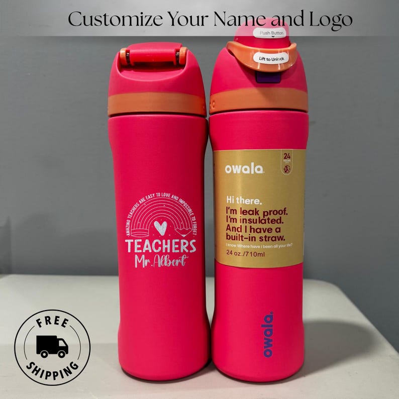 Engraved Owala 24oz FreeSip water bottle personalized with worlds best teacher name. Custom laser engraved. Ideal heartfelt teacher day appreciation gift for school and preschool teachers.