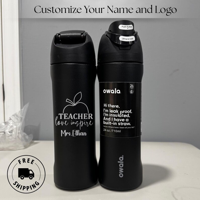 Custom engraved Owala 24oz FreeSip water bottle personalized with new teacher name. Laser engraved custom name. Ideal thoughtful teacher day appreciation gift for first year and new school teachers.