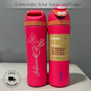 Custom engraved Owala 24oz FreeSip water bottle with January birth flower carnation and custom name. Perfect personalized birthday gift for her. Laser engraved reusable floral drinkware.