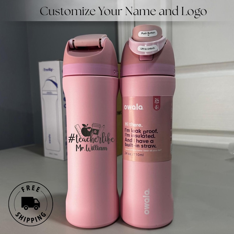 Custom engraved Owala 24oz FreeSip water bottle personalized with new teacher name. Laser engraved custom name. Ideal thoughtful teacher day appreciation gift for first year and new school teachers.