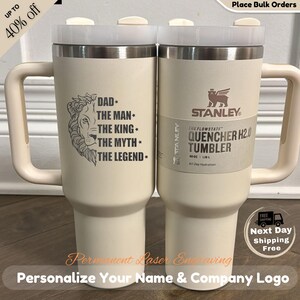 Luxury personalized 40oz Stanley tumbler with a permanent laser-engraved name. High-end stainless steel finish with a minimalist aesthetic, perfect for Mother’s Day and special occasion gifting.