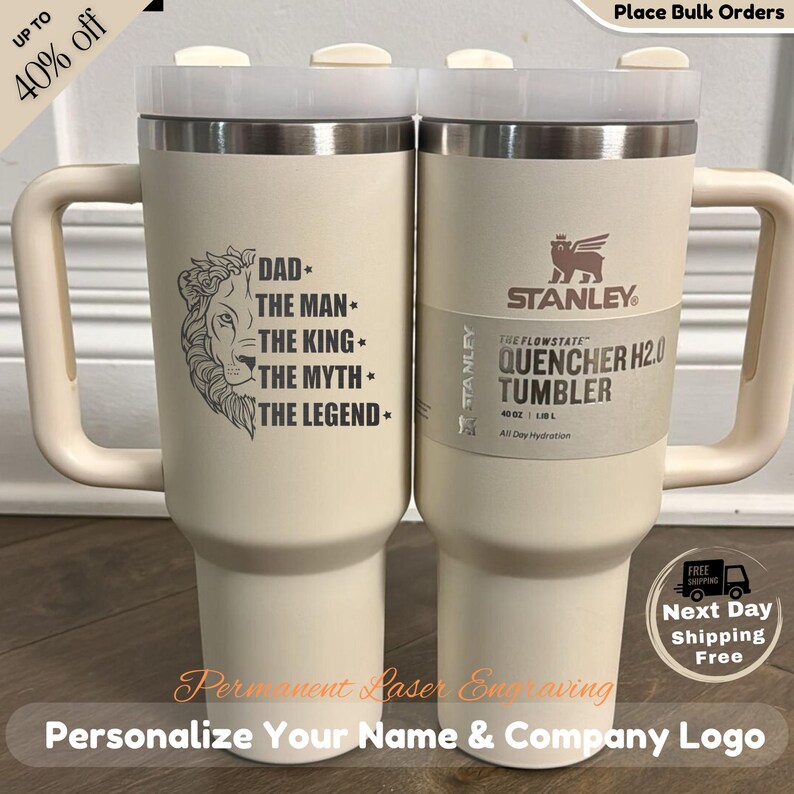 Luxury personalized 40oz Stanley tumbler with a permanent laser-engraved name. High-end stainless steel finish with a minimalist aesthetic, perfect for Mother’s Day and special occasion gifting.