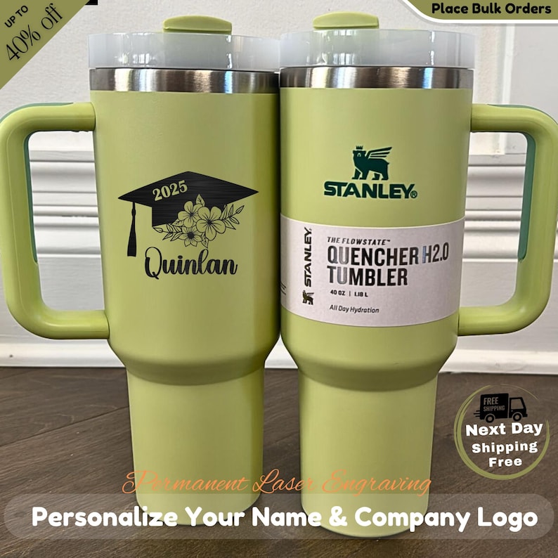 Personalized laser engraved Stanley 40oz tumbler graduation party favor, custom name bulk senior gift cup for her, stainless steel grad mug