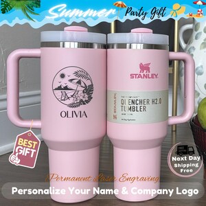Personalized Stanley 40oz tumbler with laser engraved beach design and custom name, insulated travel mug with handle and straw lid, perfect summer drinkware gift