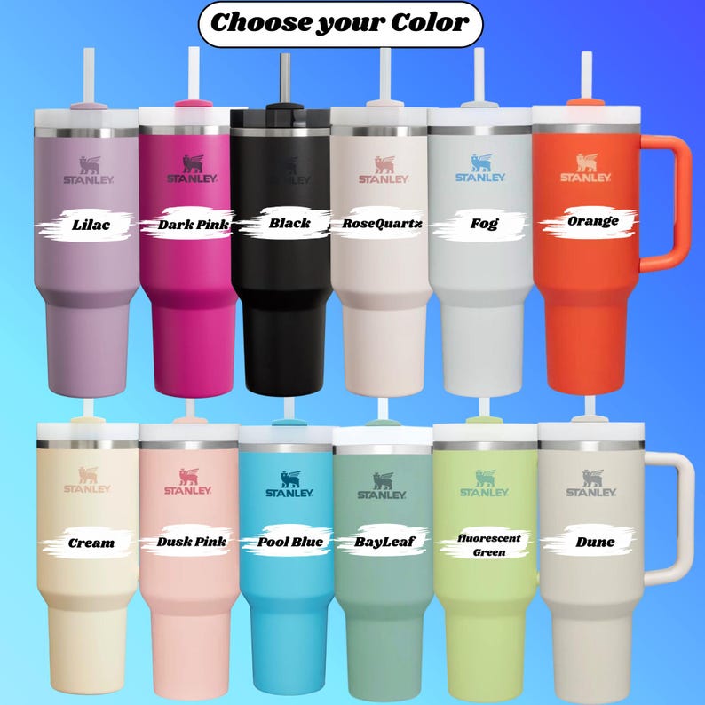 Luxury personalized 40oz Stanley tumbler with a permanent laser-engraved name. High-end stainless steel finish with a minimalist aesthetic, perfect for Mother’s Day and special occasion gifting.