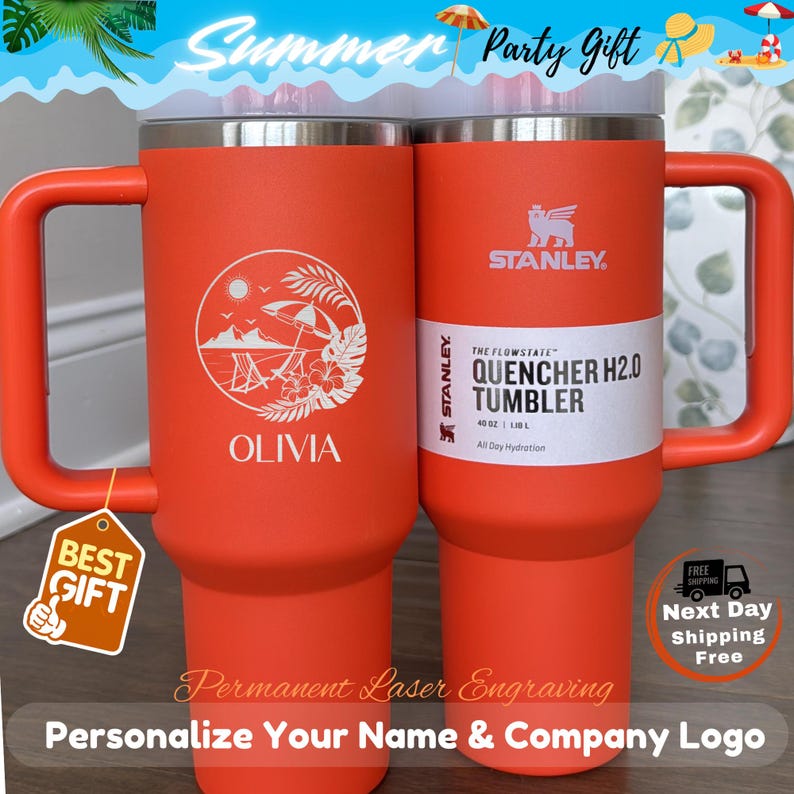 Personalized Stanley 40oz tumbler with laser engraved beach design and custom name, insulated travel mug with handle and straw lid, perfect summer drinkware gift