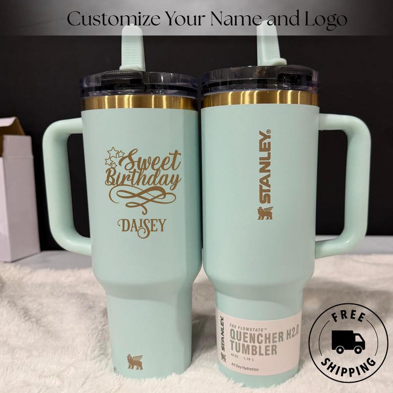 Stanley Quencher ProTour 40oz flip straw tumbler with gold laser engraving and custom name. A unique personalized birthday gift for sister or daughter.