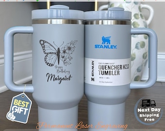 Personalized Butterfly Wedding Tumbler: Engraved Stainless Steel 40oz Stanley Quencher