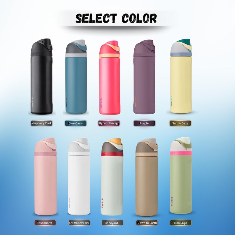 May include: A selection of insulated water bottles in various colors, including black, blue, pink, purple, and yellow. Each bottle has a flip-top lid and is labeled with a color name. The text "SELECT COLOR" is at the top.