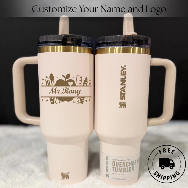 Custom engraved Stanley Quencher 40oz tumbler, personalized teacher or professor cup, gold laser engraved name, end-of-year gift, classroom gift, flip straw tumbler, teacher appreciation, Sir Teacher present