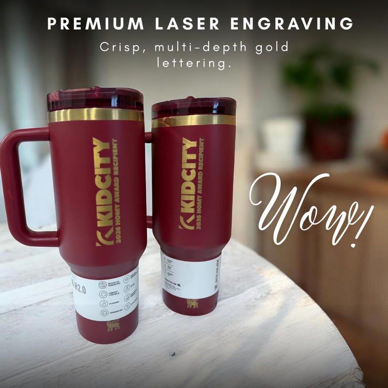 Gold laser engraved Stanley style 40oz tumbler featuring a personalized name, designed as a unique birthday gift for women. Includes a flip straw lid and sturdy handle for convenience and daily use. This insulated tumbler keeps beverages hot or cold for extended periods and offers a stylish and modern look, making it a thoughtful and practical personalized gift.