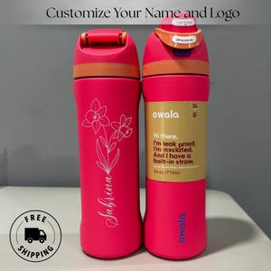 Custom engraved Owala 24oz FreeSip bottle with birth month flower and personalized name, perfect birthday gift for best friend