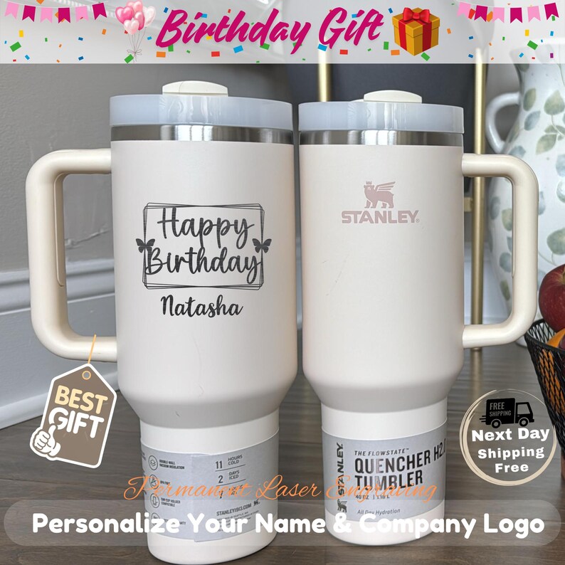 Custom Happy Birthday Engraved 40oz Tumbler Laser Printing Name Lover Gifts Stanley Cup Gifts For Birthday Trendy Custom Birthday Gifts