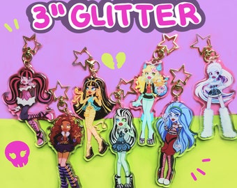 3" Monster Girl Keychains - Double Sided Acrylic Glitter Charms