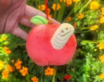 Apple and Little Worm Plush Keychain