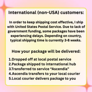 Peut inclure: Texte sur fond jaune avec bordure rose. Le texte indique : &laquo; Clients internationaux (hors USA) : &raquo; suivi d'informations d'exp&eacute;dition et de d&eacute;tails de livraison.