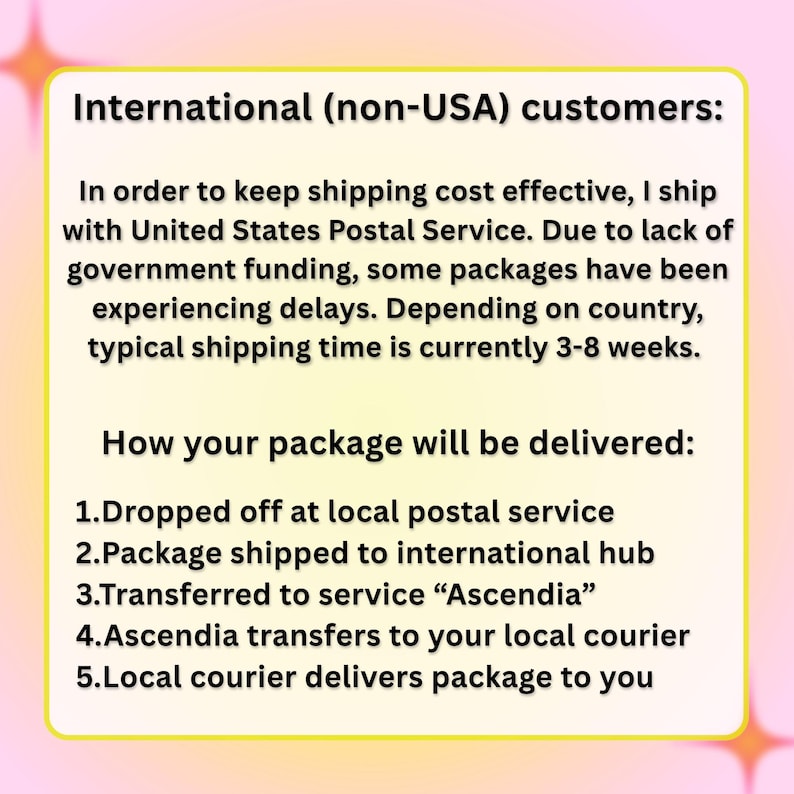 Peut inclure: Texte sur fond jaune avec bordure rose. Le texte indique : &laquo; Clients internationaux (hors USA) : &raquo; suivi d'informations d'exp&eacute;dition et de d&eacute;tails de livraison.