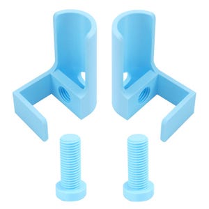 May include: Two light blue L-shaped mounting brackets with a cylindrical top section and a threaded hole on the side, accompanied by two matching light blue threaded bolts. The components are solid in color and feature a smooth, matte finish.