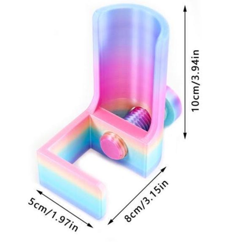 May include: A rainbow-colored gradient plastic holder with a cylindrical top section and a rectangular base. The object features a screw-in knob on the side. Dimensions are clearly marked as 10cm/3.94in in height, 8cm/3.15in in length, and 5cm/1.97in in width.