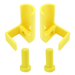 May include: Two bright yellow U-shaped mounting brackets with a threaded hole on the side, accompanied by two matching yellow threaded bolts. These components feature a smooth, matte finish and are designed for secure attachment and alignment.