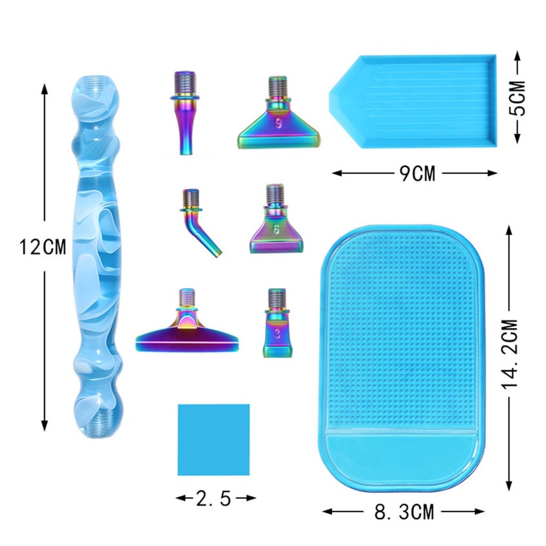May include: A blue diamond painting kit with a 12 cm long stylus, various iridescent applicator tips, a 9 cm tray, a 14.2 cm x 8.3 cm mat, and a 2.5 cm square of blue material. The kit is designed for crafting.