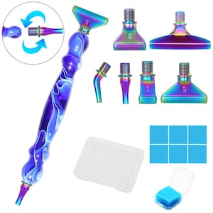 May include: A diamond painting pen with a blue and purple swirl design, plus several iridescent pen tips and accessories. Includes a small clear container, a square of blue adhesive squares, and a small container with blue squares.