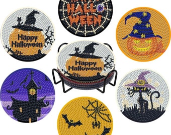 DIY Halloween Diamond Painting Coasters Kit: Mandala Art with Holder