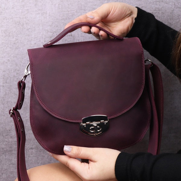 Handmade Top Handle Leather Bag/ Small Leather Briefcase/ Lady's Leather Bags/ Burgundy Bag with Shoulder Strap/ Minimalist Engraved Bag