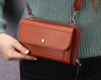 Leather Crossbody Call Phone Bag / iPhone Shoulder Pouch/ Womens Leather Zipper Bag / Card Slots Purse with Shoulder Strap/ Personalized Bag