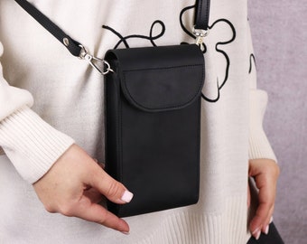 Bolso de teléfono de cuero hecho a mano / billetera crossbody para mujer / bolso negro crossbody para iPhone 15 Pro / bolso pequeño de hombro / mini bolso para teléfono celular