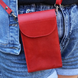 Handmade Leather Phone Crossbody Bag/Shoulder Purse For iPhone 15 Pro Max/Small Purse With Strap/Personalized Red Crossbody Wallet for Women