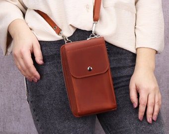 Handmade Cell Phone Shoulder Purse with Strap/ Leather Double Zip Crossbody Wallet/ Brown  iPhone  Shoulder Bag/ Personalized Women Clutch/