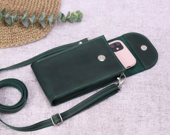 Handgefertigte Umhängetasche aus Leder / Handy-Umhängetasche / Kleine Umhängetasche für iPhone 14/ 15/ Max/ Pro/ personalisierte grüne Mini-Geldbörse