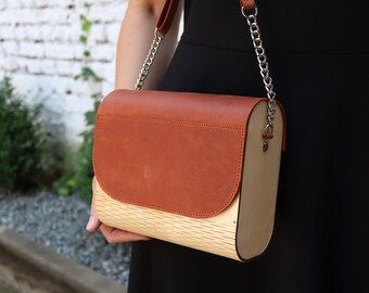 Wooden Leather Bag For Women/Leather Wood Purse /Women's Handmade Crossbody Clutch/Shoulders Wooden Bags/Leather Wood Handbag