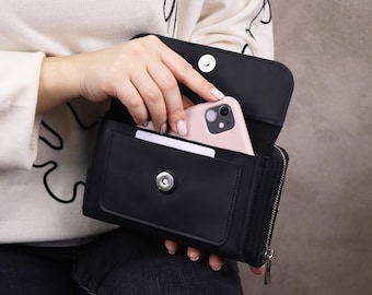 Leather Crossbody Bag for iPhone 15/ Crossbody Zipper Wallet for Women/ Handmade Small Black Bag/ Cell Phone Shoulder Purse/ Small Strap Bag