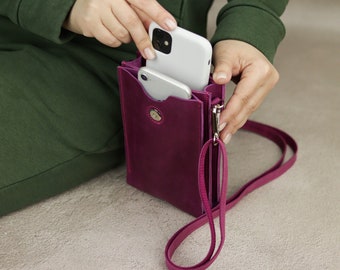 Leder Crossbody Bag für zwei Handy oder zwei iPhone 12/13/ 14/ 15/ Plus/ Pro/ Max / Kleine Geldbörse mit Schultergurt / Bifold Phone Mini Bag