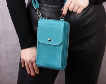 Handmade Leather Crossbody Wallet/ Zipper Shoulder Bag For iPhone 15/ Turquoise Cell Phone Purse for Women/Travel Wallet with Shoulder Strap