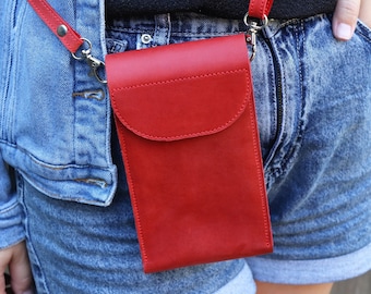 Handmade Leather Phone Crossbody Bag/Shoulder Purse For iPhone 15 Pro Max/Small Purse With Strap/Personalized Red Crossbody Wallet for Women