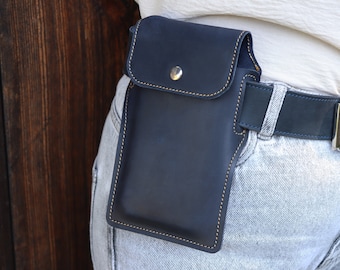 Slanted Smartphone Holster with Metal Belt Сlip/Custom Leather Cell Phone Case With Belt Loops /Personalized Vertical Cover/ Flat Phone case