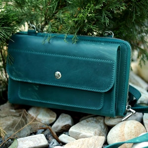 Skórzana torebka typu crossbody z blokadą RFID: ręcznie robiona torebka na ramię na telefon, spersonalizowana kopertówka podróżna