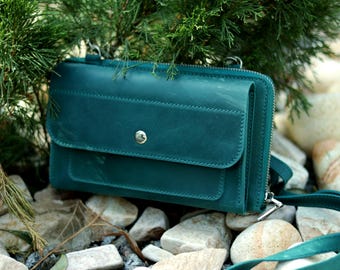 RFID Blocking Leather Crossbody Wallet Bag: Handmade Shoulder Phone Purse, Personalized Travel Clutch