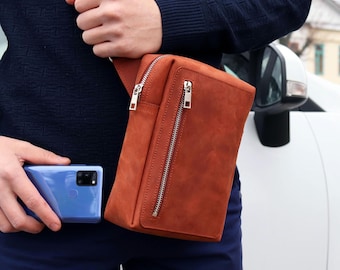 Embossed Leather Small Daily Messenger Bag for Men: Handmade Crazy Horse Crossbody Zipper Sathcel