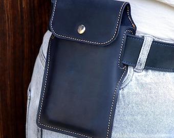 Handmade Leather Phone Holster with Metal Belt Clip &  Loops, Personalized Crazy Horse Custom  Case