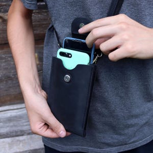 Leather Shoulder Side Bag For Two iPhone, Double Crossbody Leather Phone Case, Shoulder Mini Phone Purse & Zip Coin Pocket, Small Dual Bag